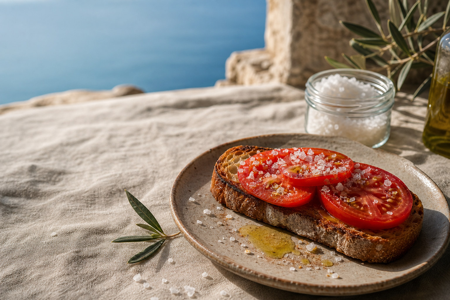 Geröstetes Brot mit Tomaten, Olivenöl und sichtbaren Fleur-de-Sel-Kristallen auf einem mediterranen Tisch.