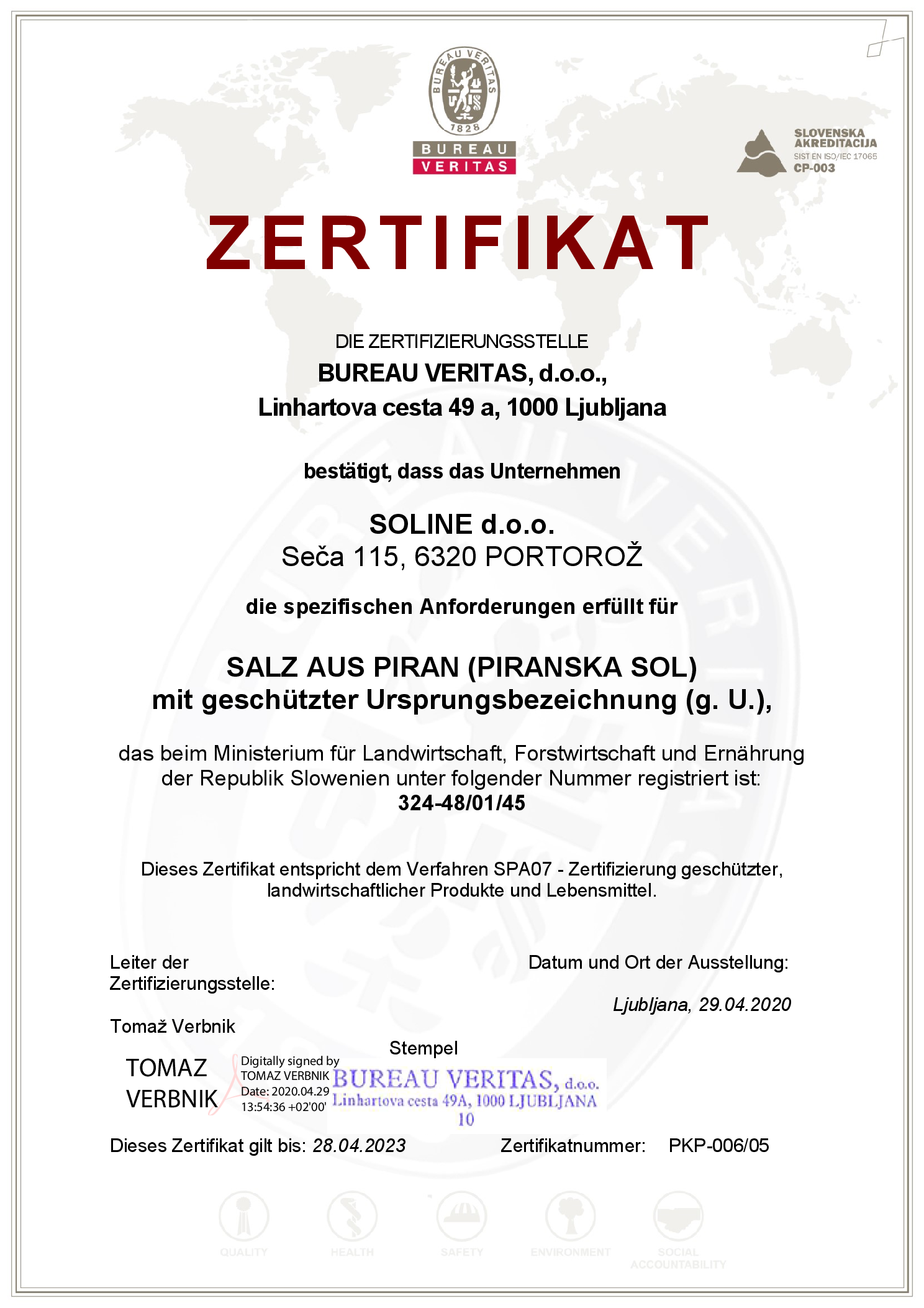 Bureau Veritas Zertifikat für Salz aus Piran mit geschützter Ursprungsbezeichnung.